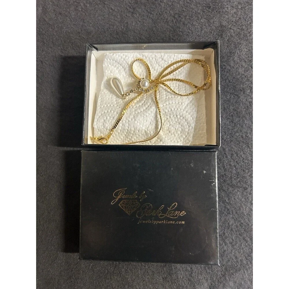 Park Lane Gold Tone Herringbone Faux Pearl Rhinestone 18" Necklace J322 - Picture 10 of 10
